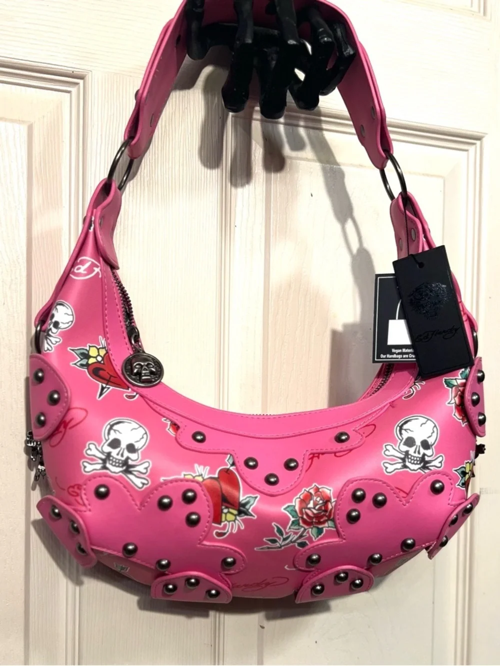 💕Ed Hardy Hot Pink Studded Skull & Rose Shoulder Bag-NWT💕